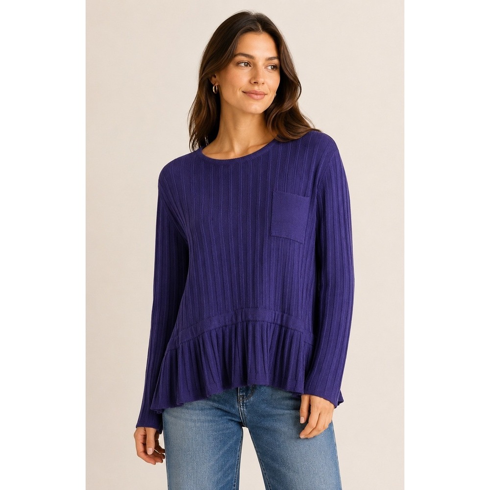 Bitte Kai Rand Rib Knit Sweater Women Medium Purple Lambswool Silk Peplum Hem